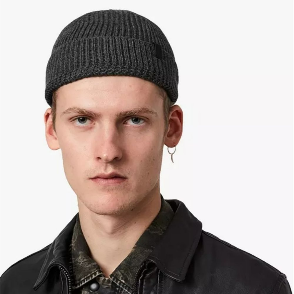 AllSaints Unisex Merino Wool Blend Knit Charcoal Grey Rib Mix Beanie Size OS